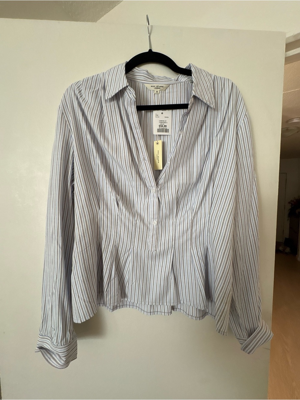 Max Studio Blue and White Striped Button-Down Shirt with cinched waist